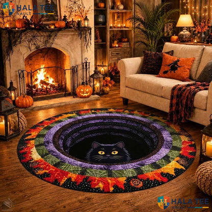 Black Cat Portal Halloween Round Area Rug 3D Black Witchy Gothic Illusion Adult