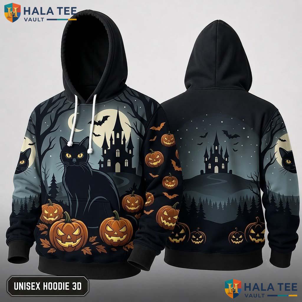 Black Cat Pumpkin 3D Hoodie Spooky Halloween Graphic Sweatshirt For Men