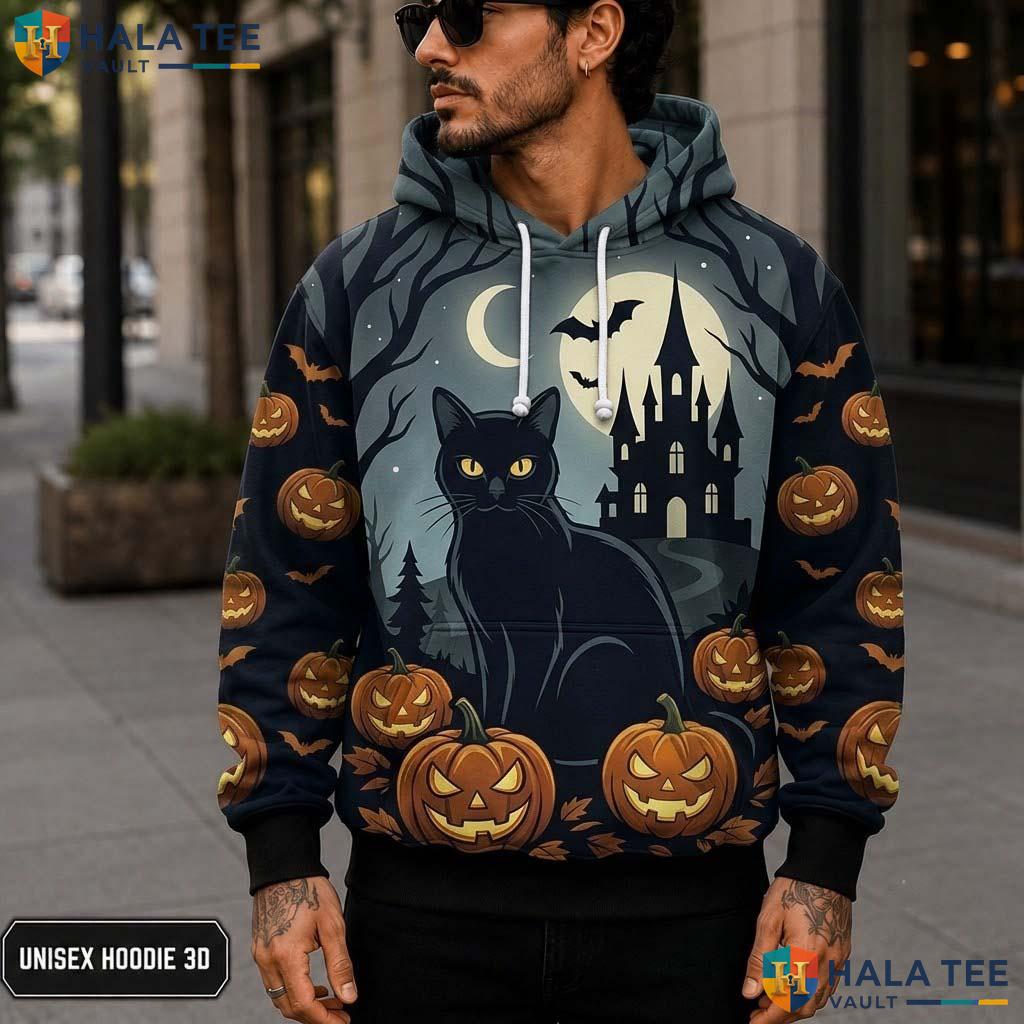 Black Cat Pumpkin 3D Printed Hoodie Spooky Halloween Graphic Sweatshirt For Men