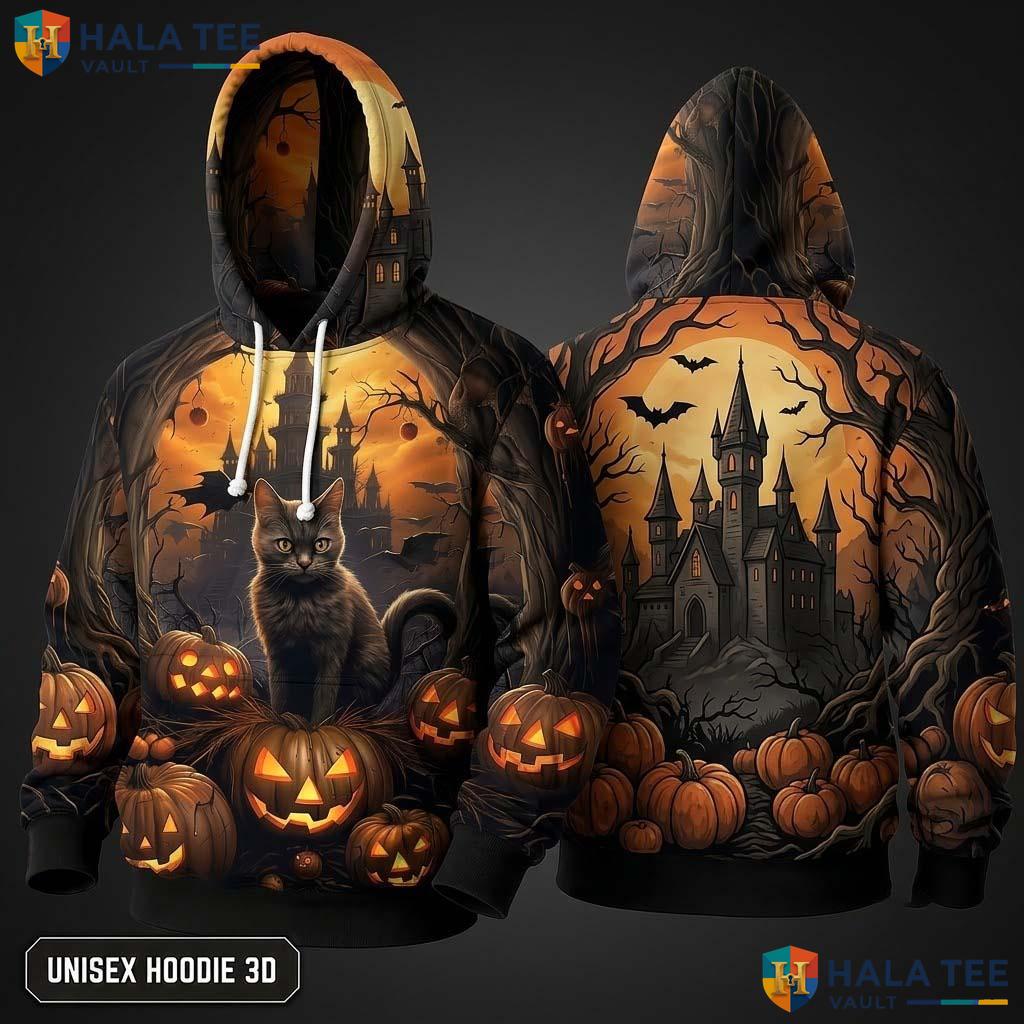 Black Cat Pumpkin 3D Hoodie Spooky Halloween Pullover Graphic Apparel