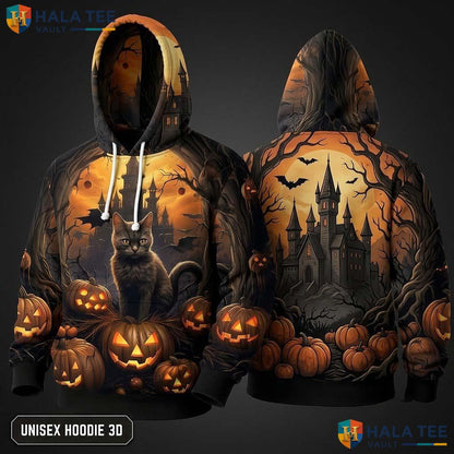 Black Cat Pumpkin 3D Hoodie Spooky Halloween Pullover Graphic Apparel