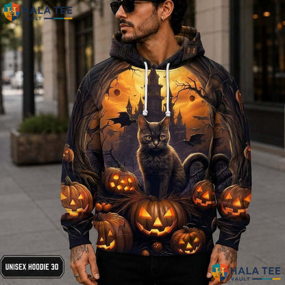 Black Cat Pumpkin 3D Printed Hoodie Spooky Halloween Pullover Graphic Apparel