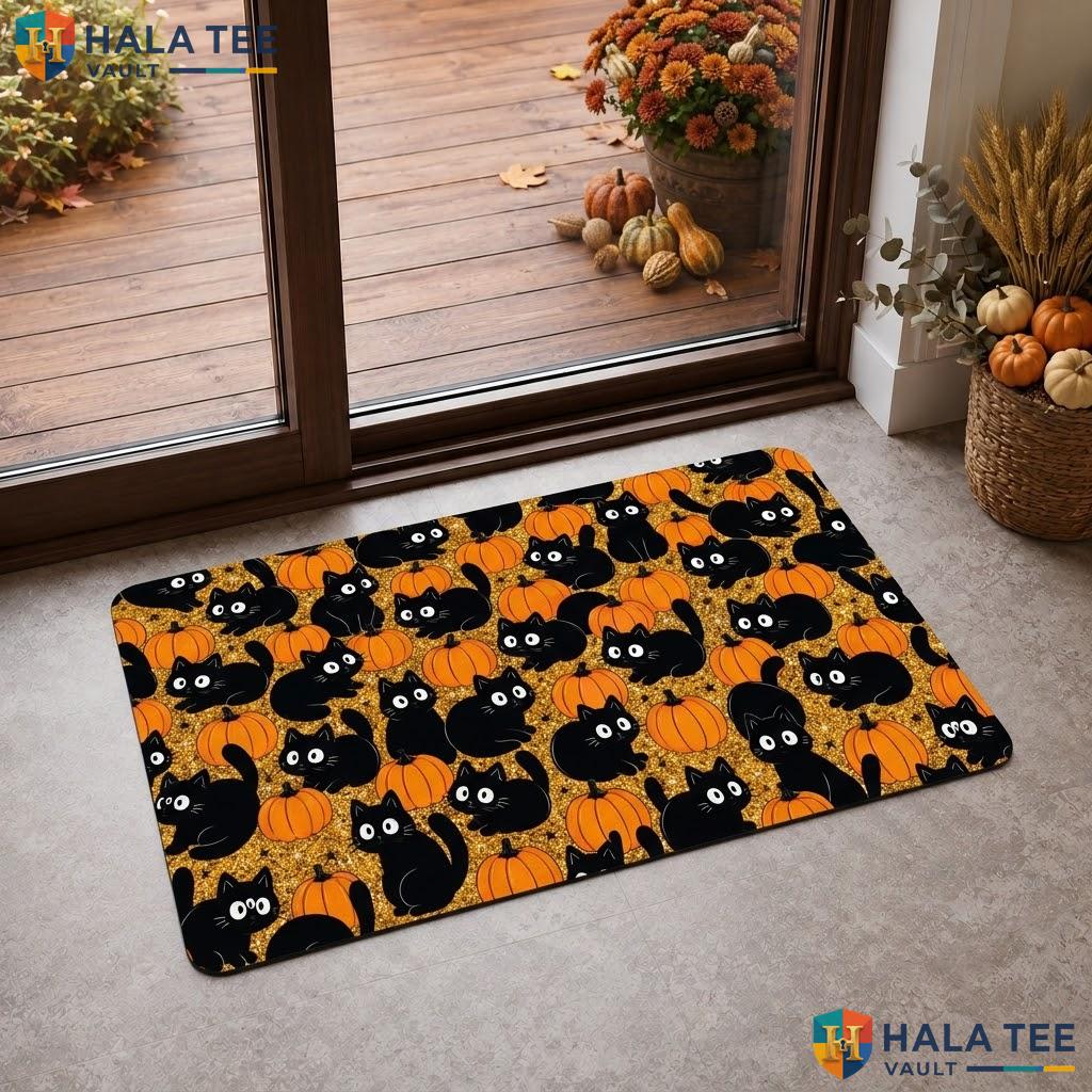 Black Cat Pumpkin Halloween Doormat Spooky Faux Coir Non Slip Front Porch