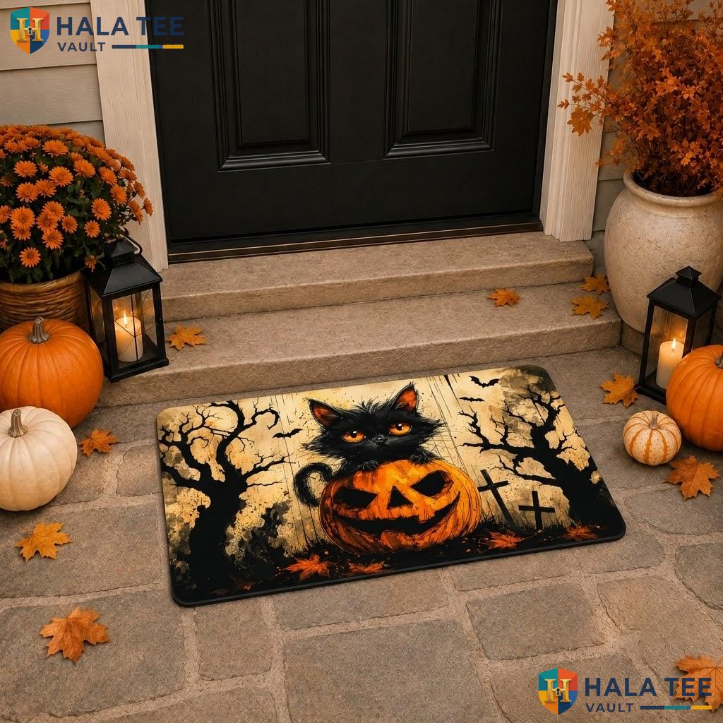 Black Cat Pumpkin Halloween Doormat Spooky Trick Or Treat Entryway Rug