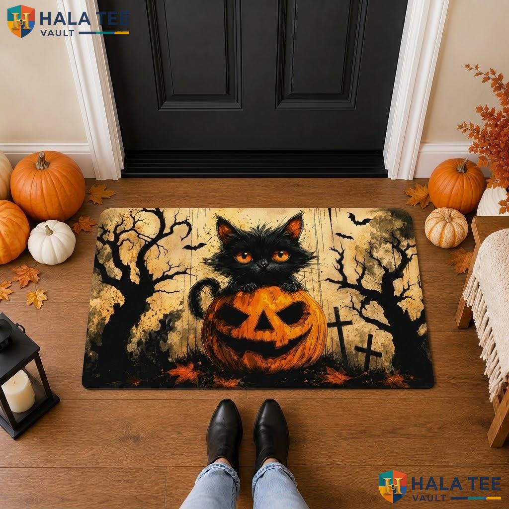 Black Cat Pumpkin Halloween Front door mat Spooky Trick Or Treat Entryway Rug