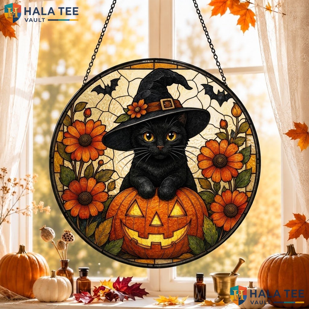 Black Cat Pumpkin Halloween Stained Glass Suncatcher Spooky Floral Room Decor