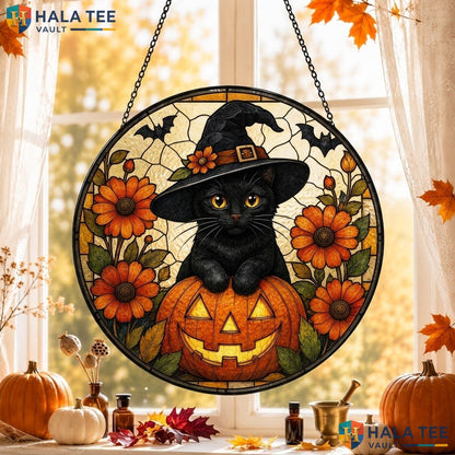 Black Cat Pumpkin Halloween Stained Glass Suncatcher Spooky Floral Room Decor