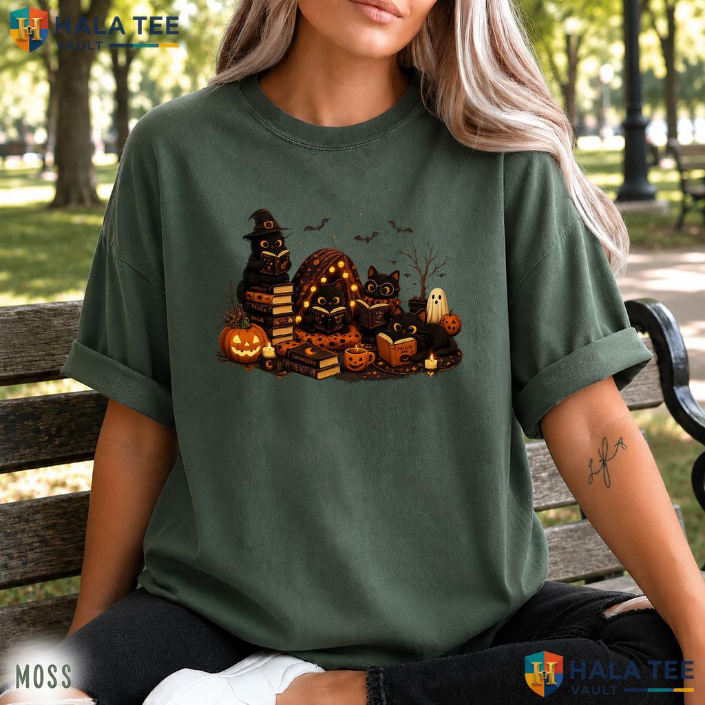 Black Cat Reading Halloween Comfort Colors T Shirt Spooky Book Lover Apparel Vintage Washed Tee