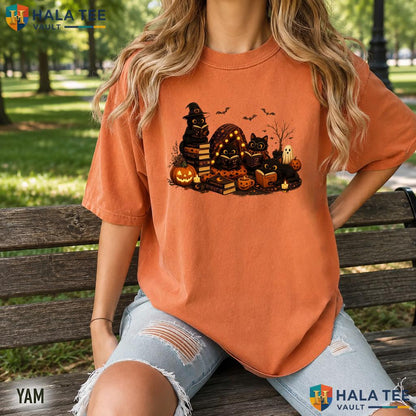 Black Cat Reading Halloween Comfort Colors T Shirt Spooky Book Lover Apparel Relaxed Fit Tee