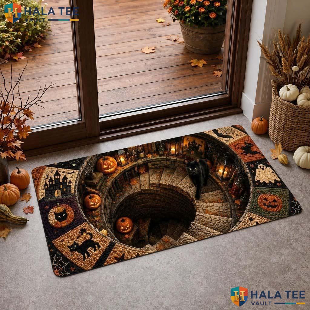 Black Cat Staircase Halloween Doormat 3D Illusion Pumpkin Ghost Decor
