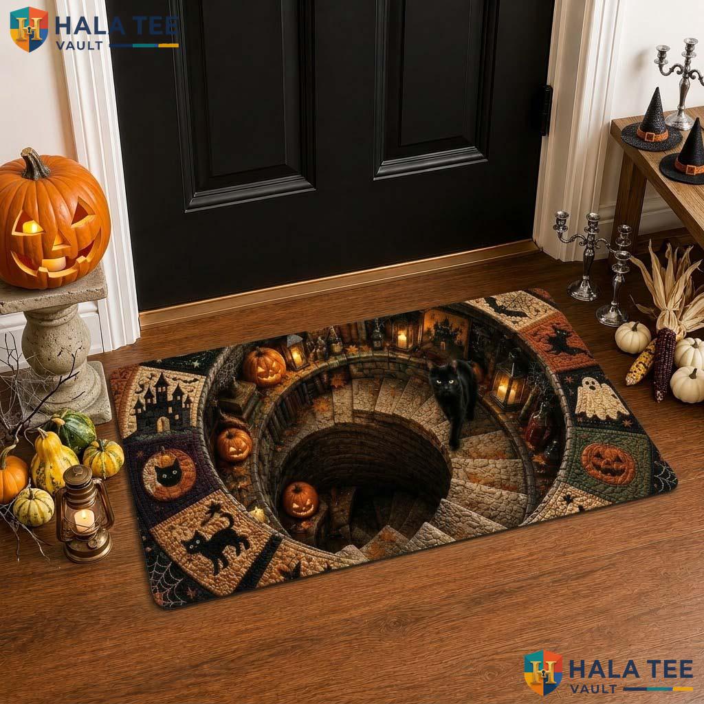 Black Cat Staircase Halloween Front door mat 3D Illusion Pumpkin Ghost Decor