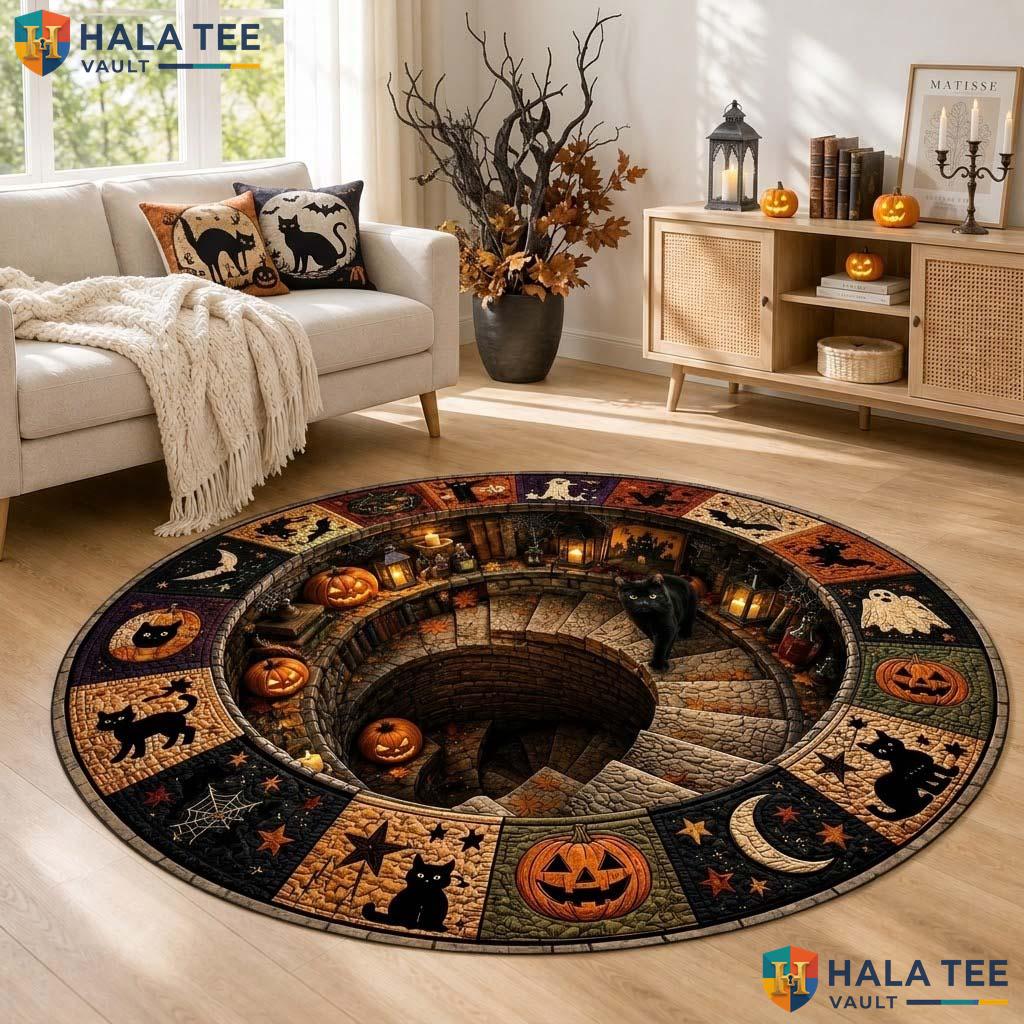 Black Cat Staircase Halloween Round Area Rug 3D Spooky Pumpkin Ghost Mat
