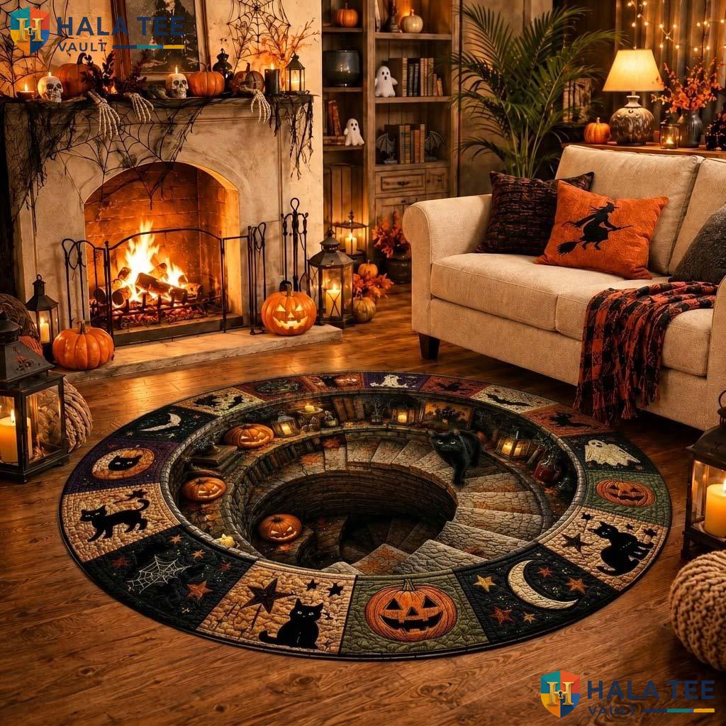 Black Cat Staircase Halloween Round Area Rug 3D Spooky Pumpkin Ghost Mat Adult