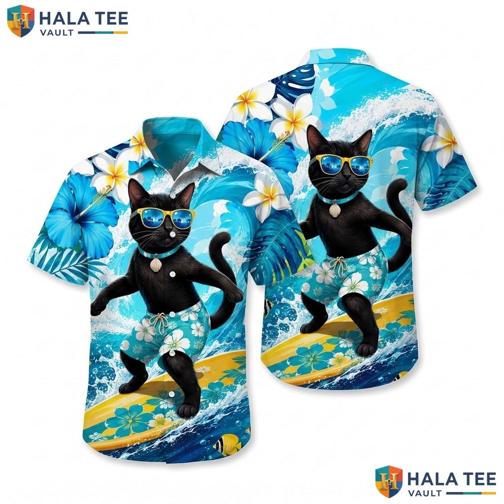 Black Cat Tropical Hawaiian Shirt Vibrant Summer Surfing Floral Button Down