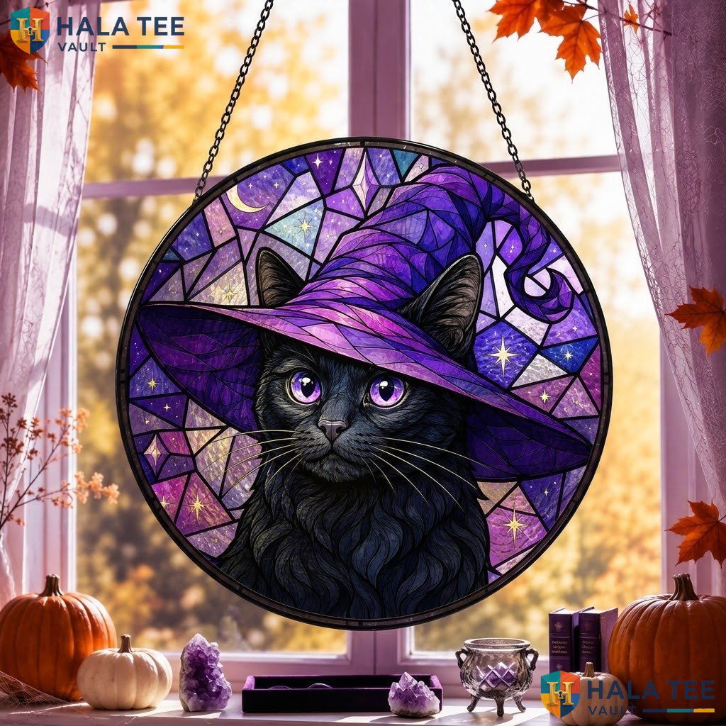 Black Cat Witch Halloween Stained Glass Suncatcher Purple Hat Celestial Decor