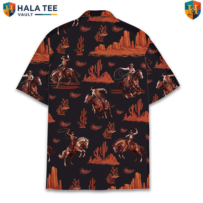 Black Cowboy Aloha Shirt Mens Short Sleeve Casual Summer Tropical Outfit