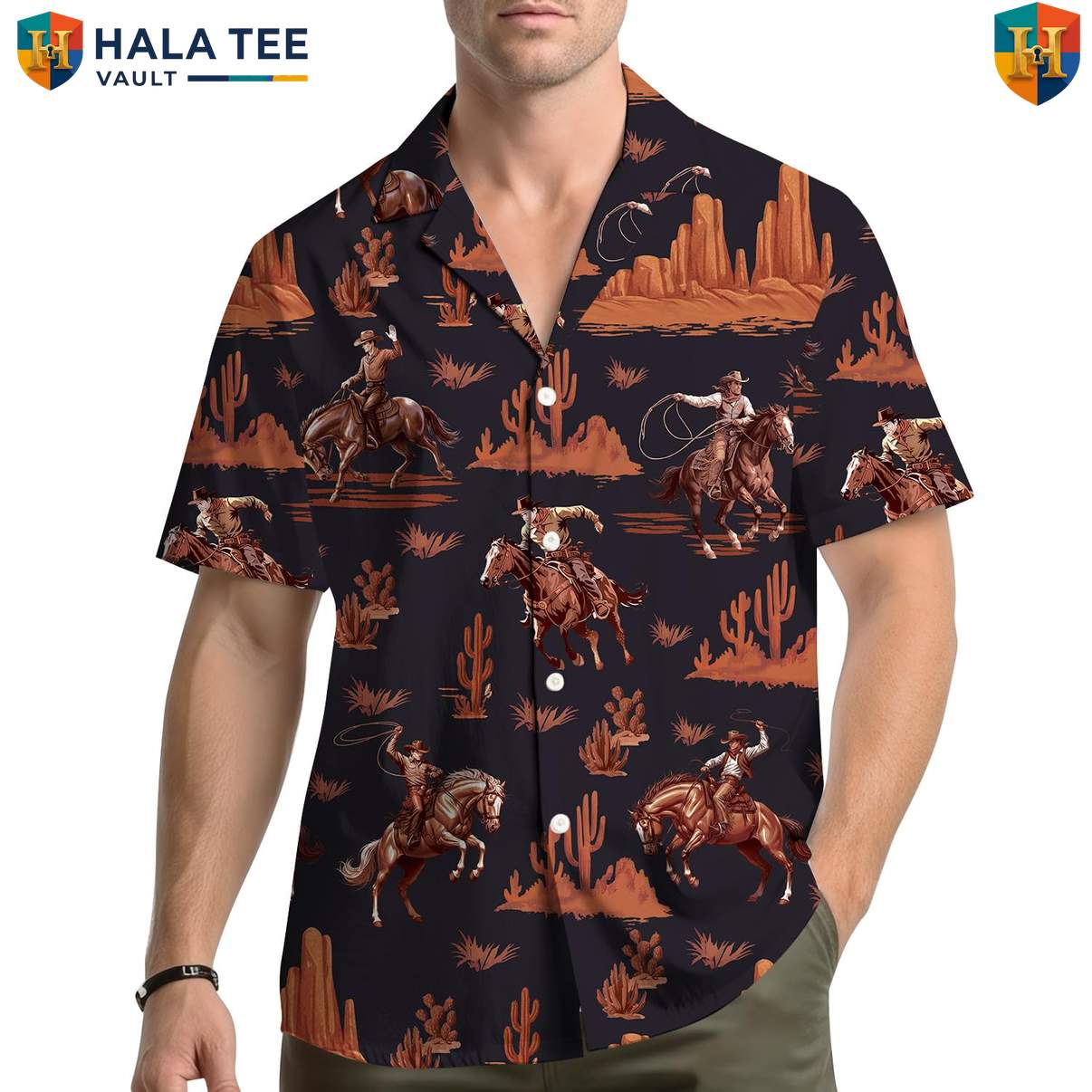 Black Cowboy Short-sleeve button-up shirt Mens Short Sleeve Casual Summer Tropical Outfit
