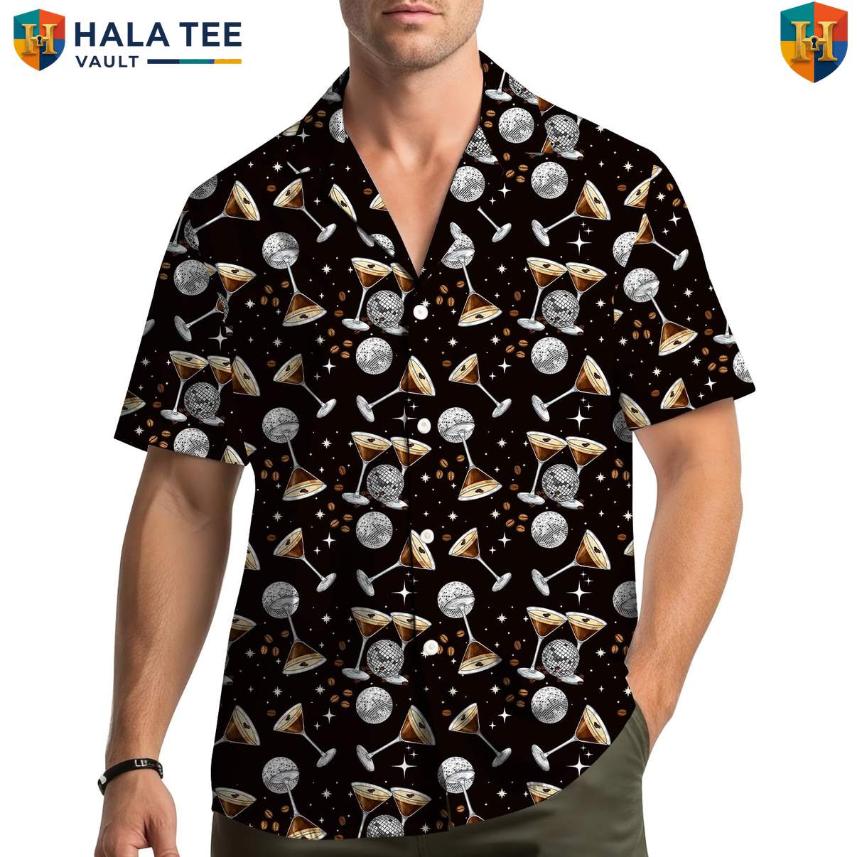 Black Disco Cocktail Aloha Tee Shirt Mens Short Sleeve Casual Summer Beachwear
