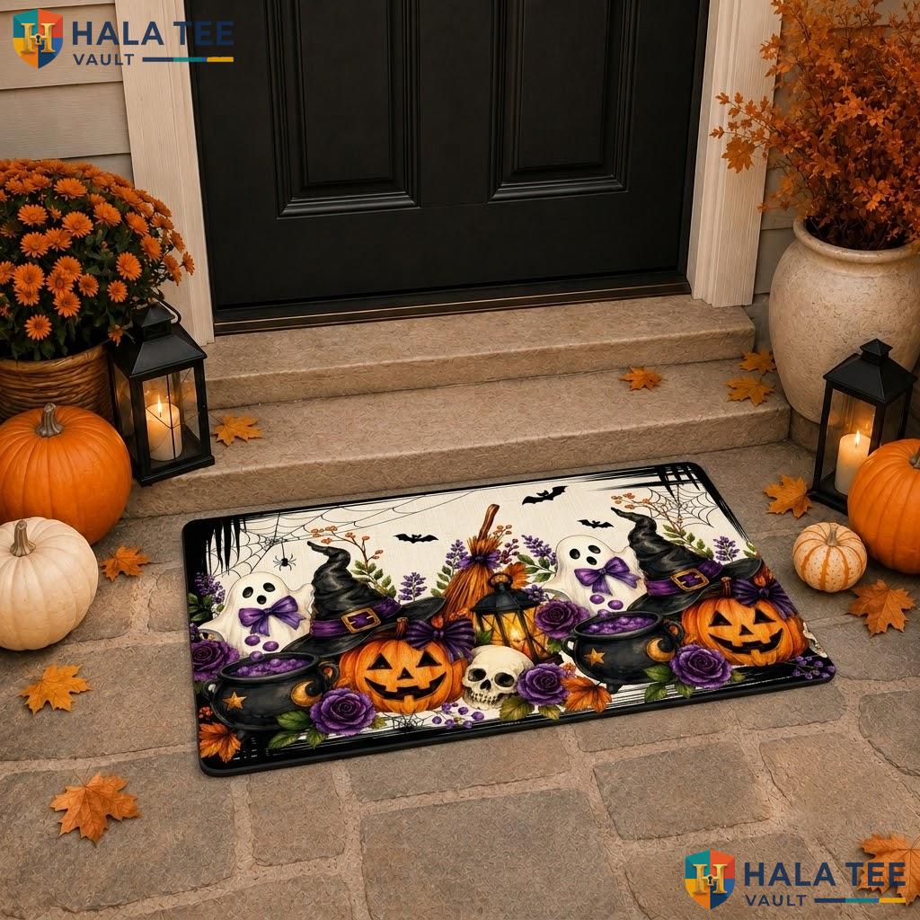 Black Floral Ghost Halloween Doormat Scary Pumpkin Skull Spiderweb Rug