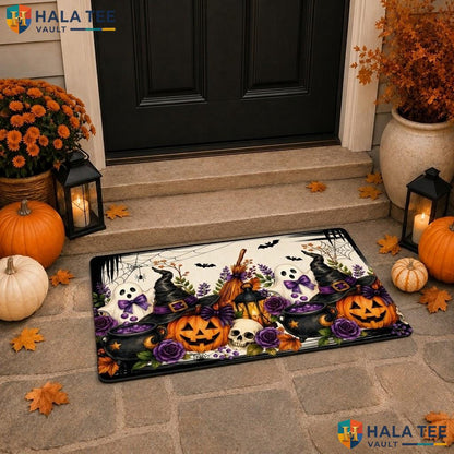 Black Floral Ghost Halloween Doormat Scary Pumpkin Skull Spiderweb Rug