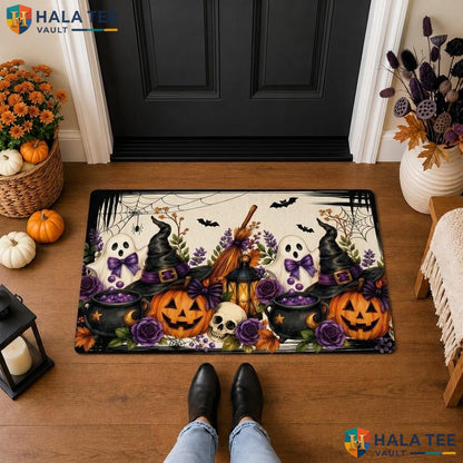 Black Floral Ghost Halloween Front door mat Scary Pumpkin Skull Spiderweb Rug