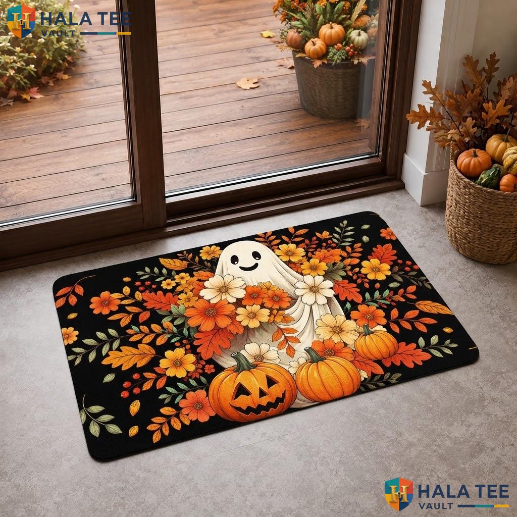Black Floral Ghost Halloween Doormat Scary Spooky Pumpkin Fall Entryway Rug
