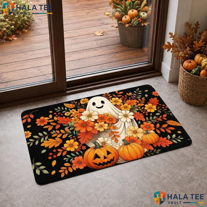 Black Floral Ghost Halloween Doormat Scary Spooky Pumpkin Fall Entryway Rug