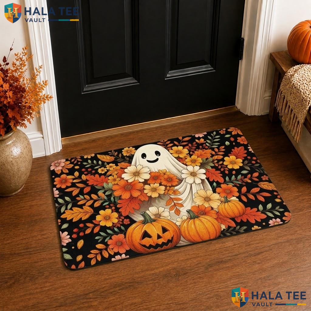 Black Floral Ghost Halloween Front door mat Scary Spooky Pumpkin Fall Entryway Rug