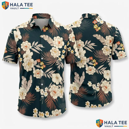 Black Floral Print Hawaiian Shirt Mens Casual Short Sleeve Button Down