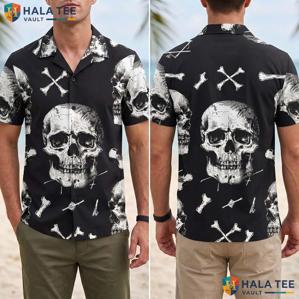 Black Gothic Halloween Hawaiian Shirt Unisex Skull Beach Camp Aloha Adult