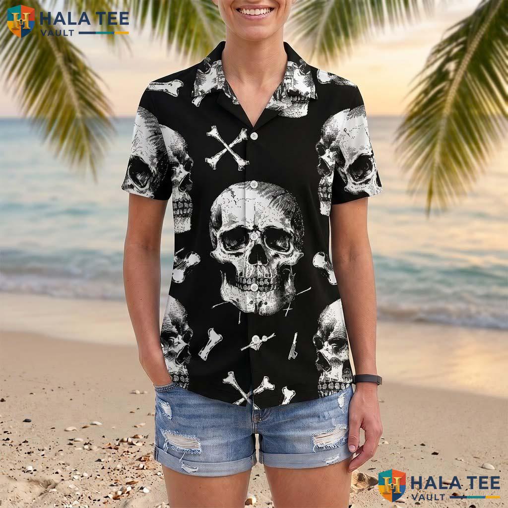 Black Gothic Halloween Hawaiian Shirt Unisex Skull Beach Camp Aloha Adult