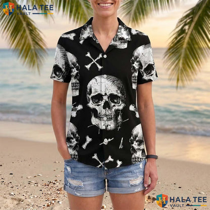 Black Gothic Halloween Hawaiian Shirt Unisex Skull Beach Camp Aloha Adult