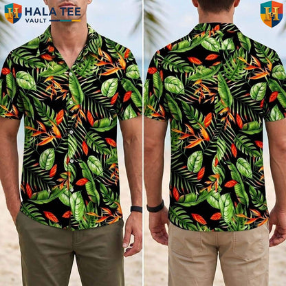 Black Green Leaf Tropical Shirt Mens Tropical Casual Summer Beach Outfit