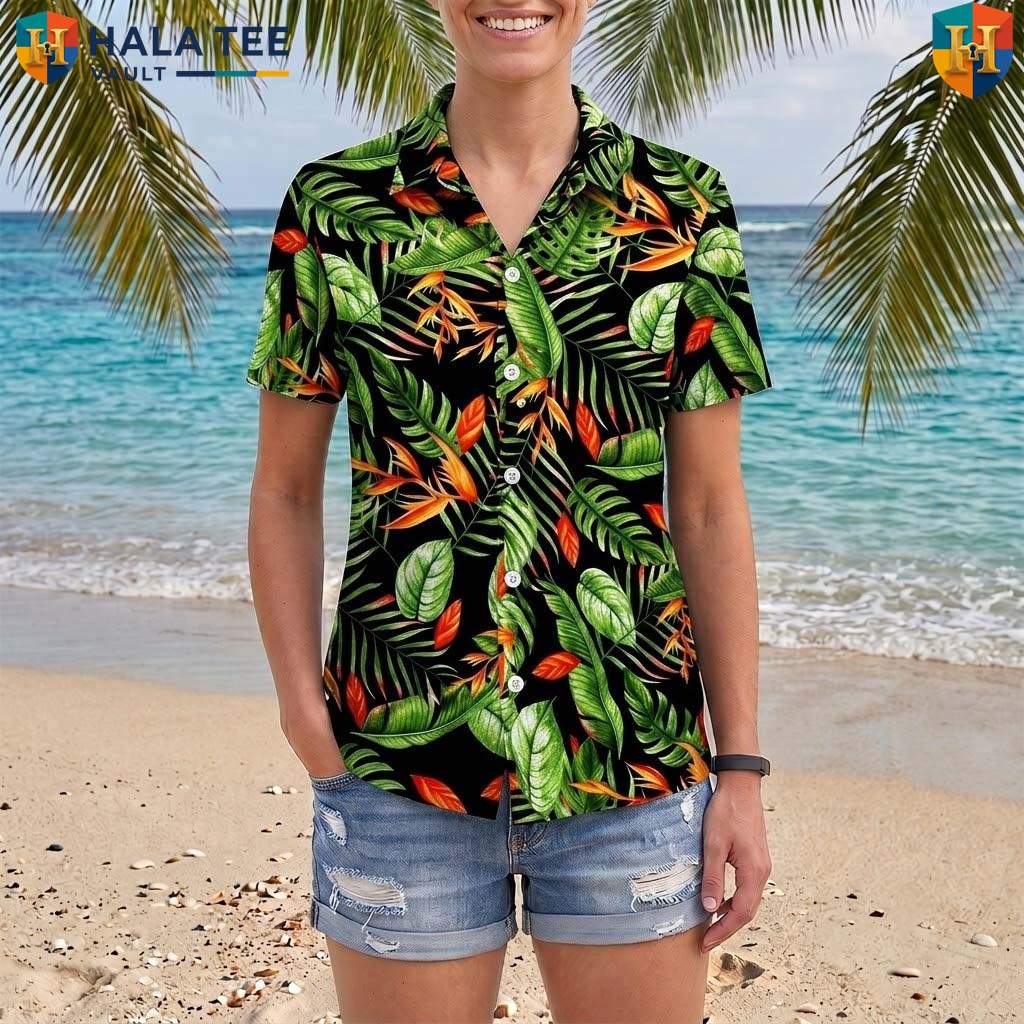 Black Green Leaf Aloha Shirt Mens Tropical Casual Summer Beach Outfit