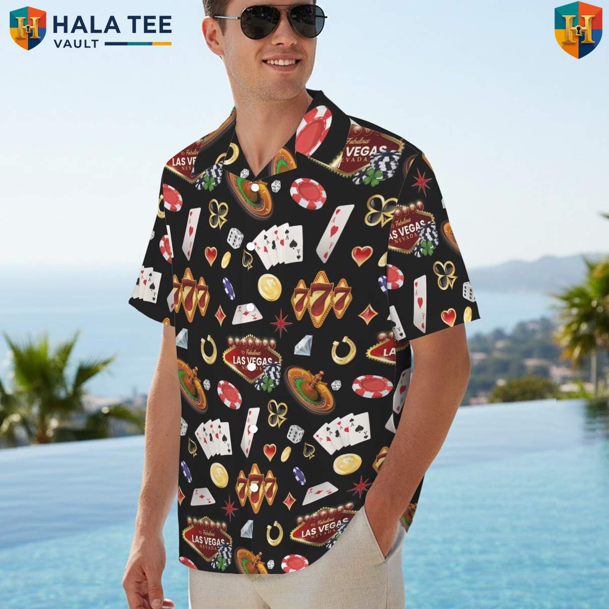 Black Las Vegas Aloha Tee Shirt Mens Casino Gambling Weekend Party Club Apparel