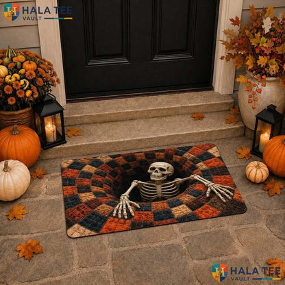 Black Orange Skeleton Halloween Doormat 3D Vortex Optical Illusion Mat