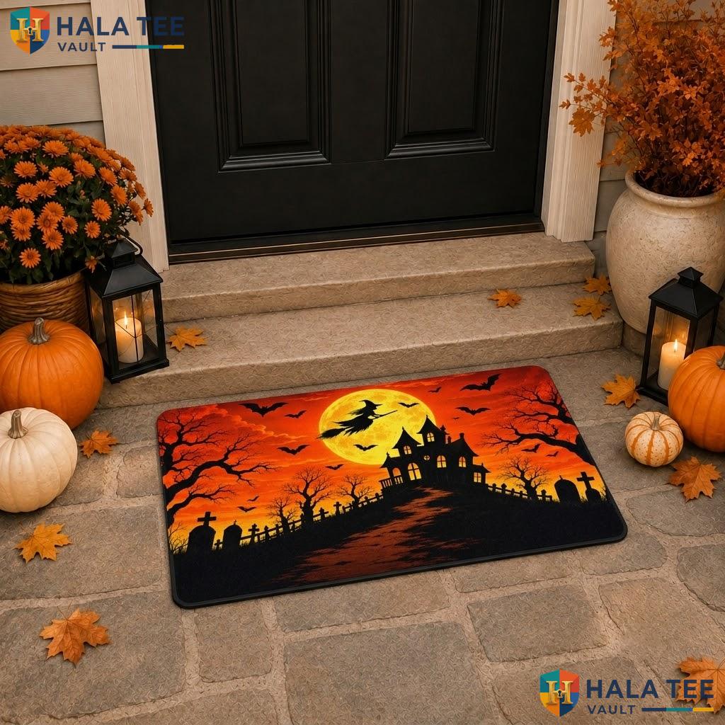 Black Orange Tree Halloween Doormat Haunted Castle Moon Bats Welcome Rug
