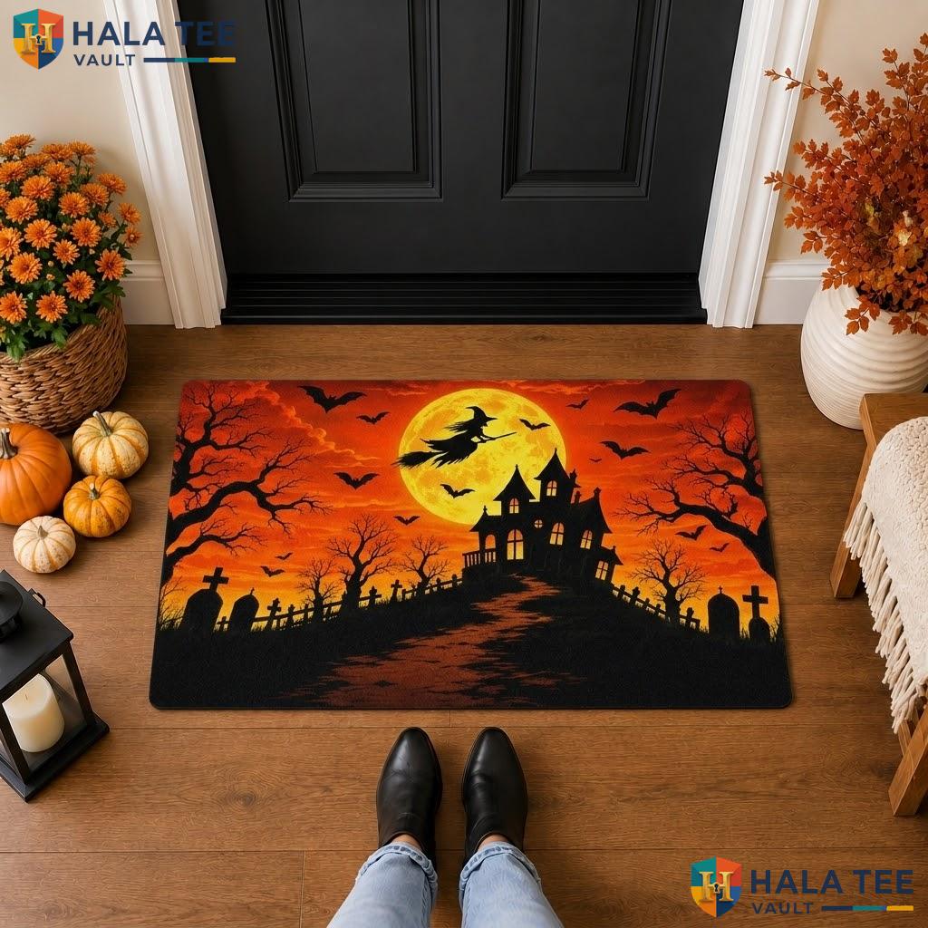 Black Orange Tree Halloween Front door mat Haunted Castle Moon Bats Welcome Rug