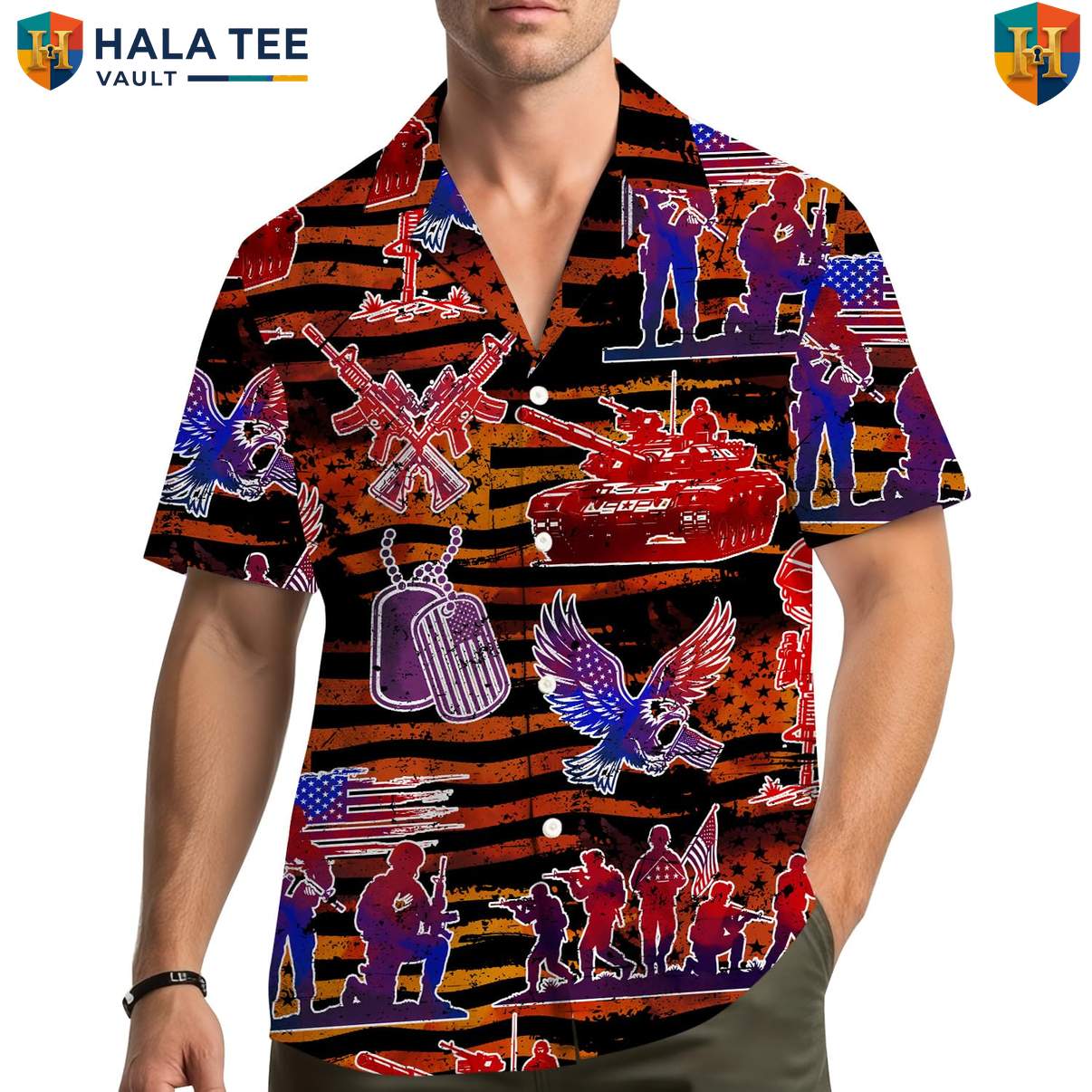 Black Patriotic Military Aloha Shirt Mens Veteran Fourth Of July Resort Top