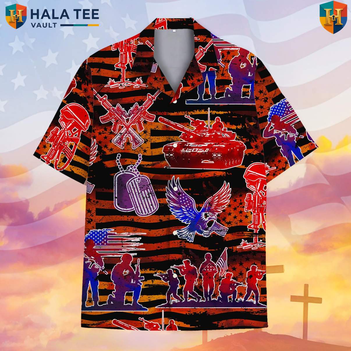 Black Patriotic Military Aloha T-Shirt Mens Veteran Fourth Of July Resort Top