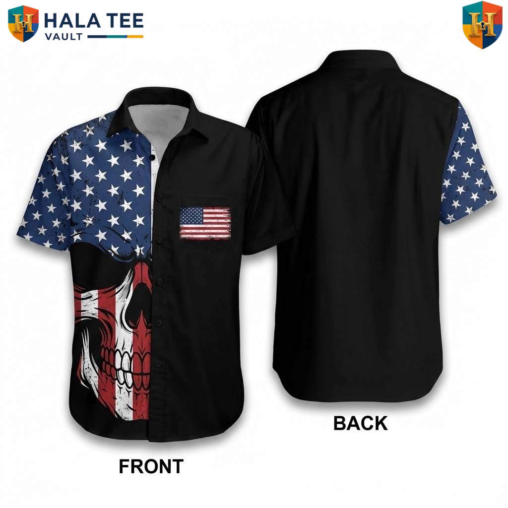 Black Patriotic Skull Aloha Shirt Mens USA Flag Fourth Of July Beachwear