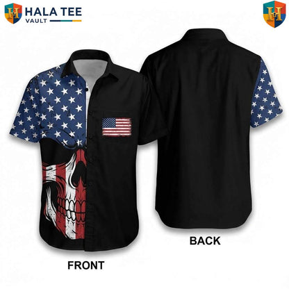 Black Patriotic Skull Aloha Shirt Mens USA Flag Fourth Of July Beachwear