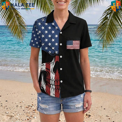 Black Patriotic Skull Aloha T-Shirt Mens USA Flag Fourth Of July Beachwear