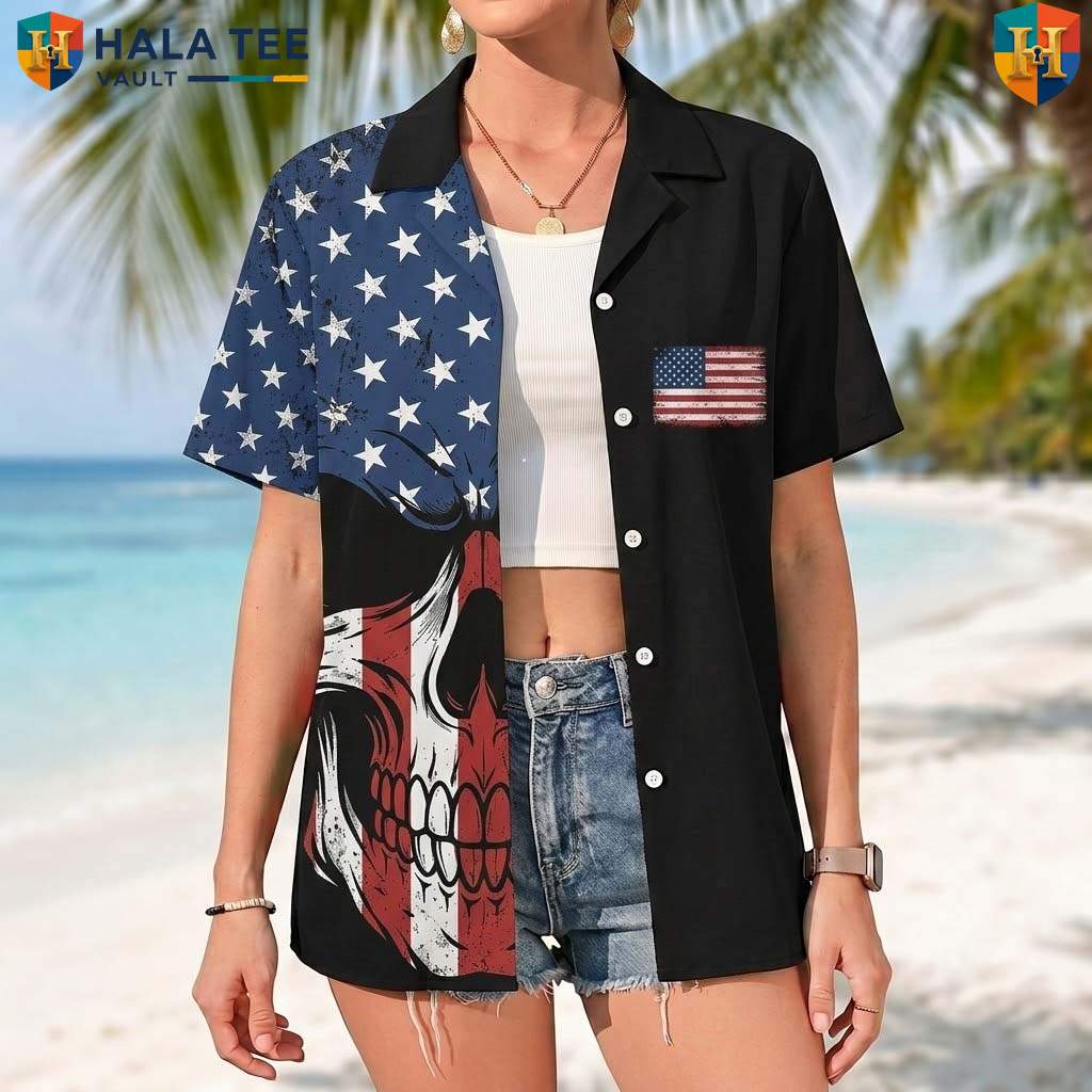 Black Patriotic Skull Aloha TShirt Mens USA Flag Fourth Of July Beachwear