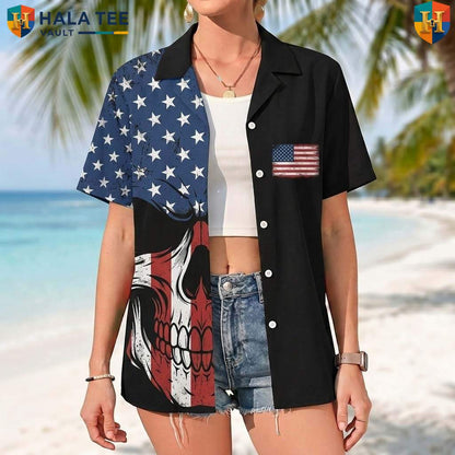 Black Patriotic Skull Aloha TShirt Mens USA Flag Fourth Of July Beachwear