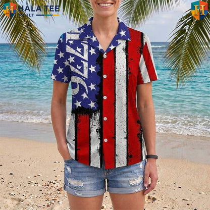 Black Patriotic USA Flag Aloha Shirt Mens Fourth Of July Party Gear