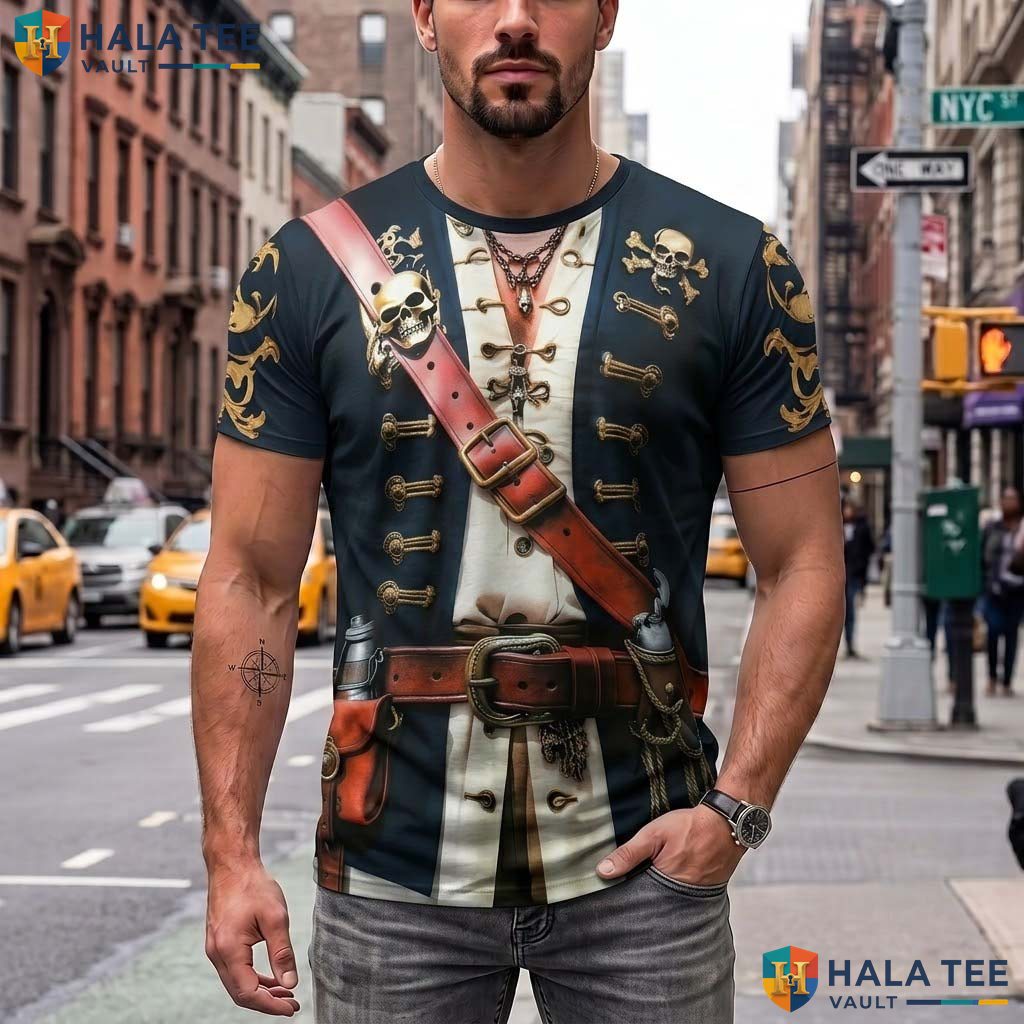 Black Pirate Cosplay AOP T-Shirt Mens Fake Muscle Halloween Outfit