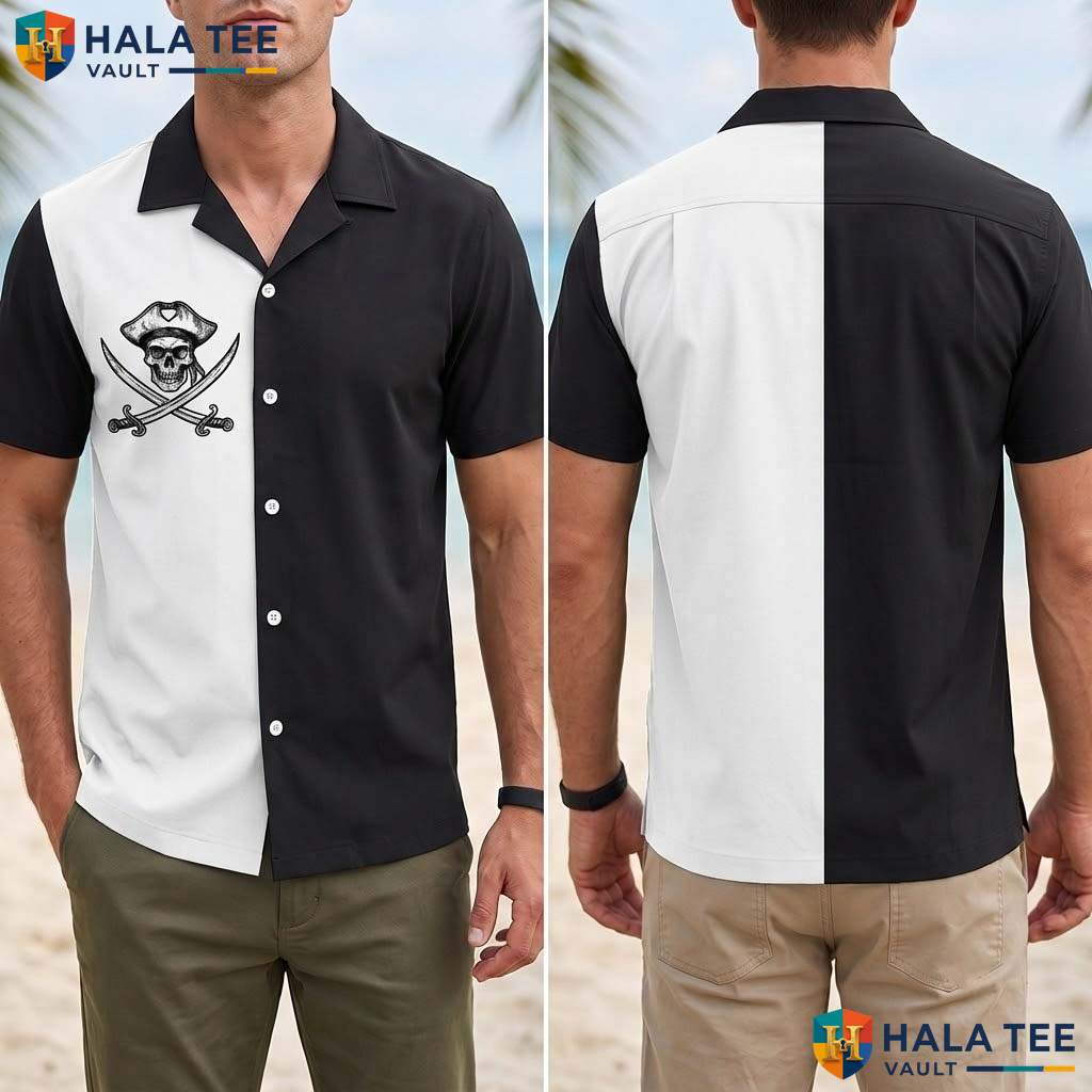 Black Pirate Flag Tropical Shirt Mens Funny Buccaneer Summer Beachwear