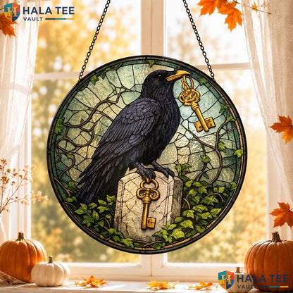Black Raven Stained Glass Suncatcher, Gothic Garden Ornament With Vines And Leaves