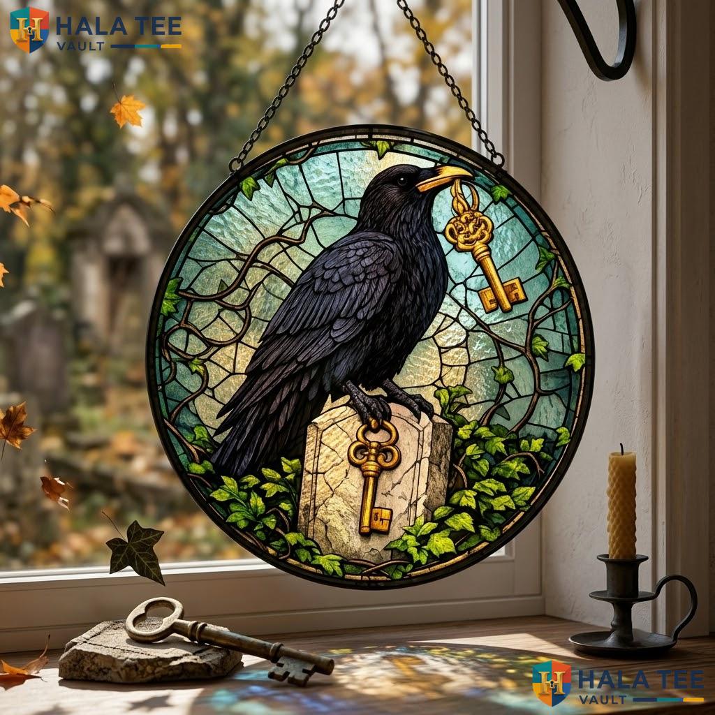 Black Raven Stained Glass Suncatcher, Gothic Garden Ornament With Vines And Leaves Adult